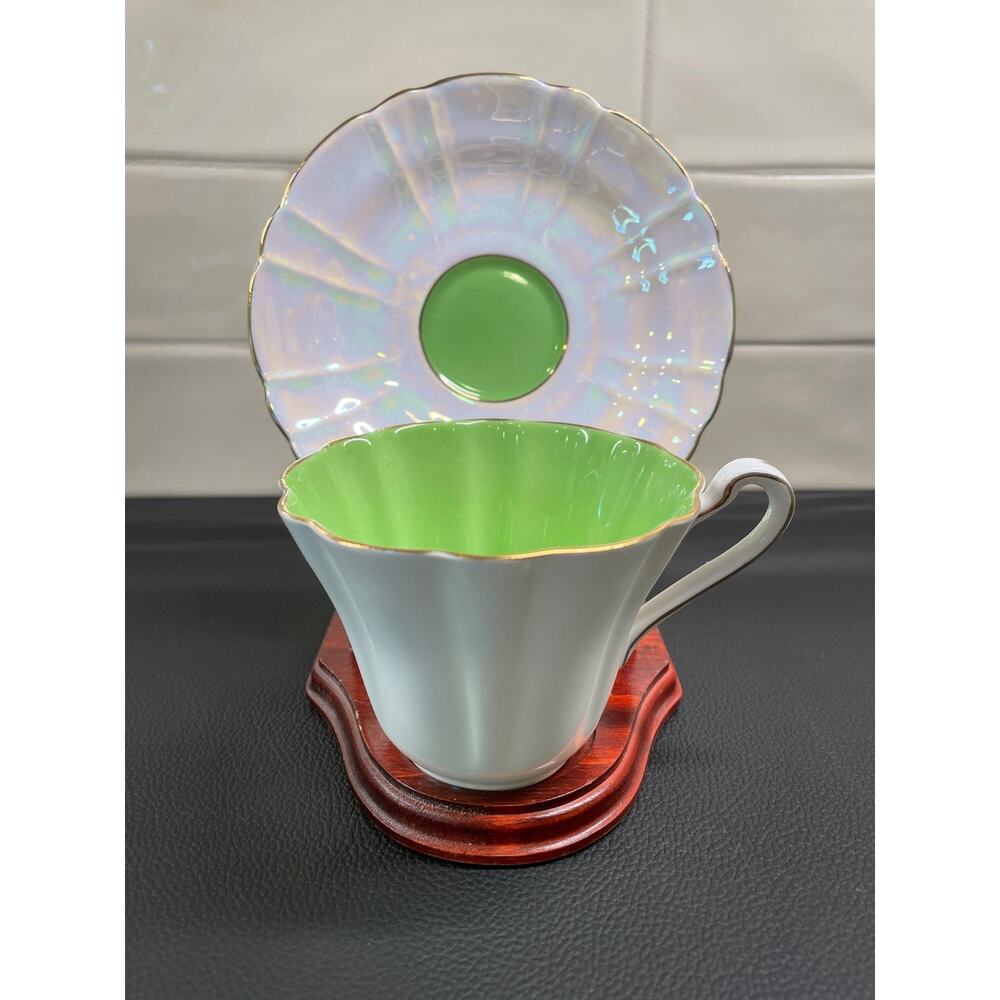 Harlequin Royal Stafford Bone China England Iridescent Green Tea Cup and Saucer